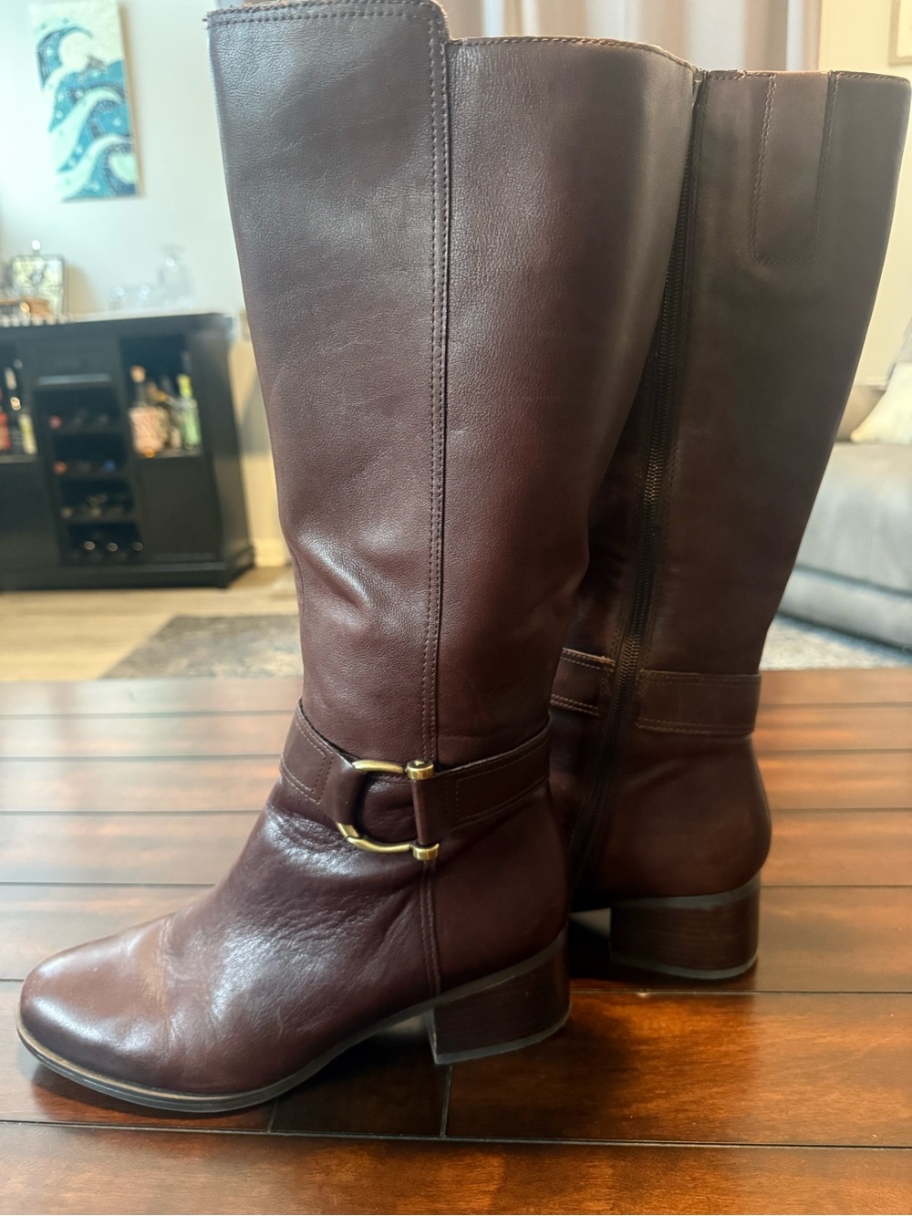 Naturalizer Women's Tall Leather Riding Boots in Dark Red-Brown, size 10w